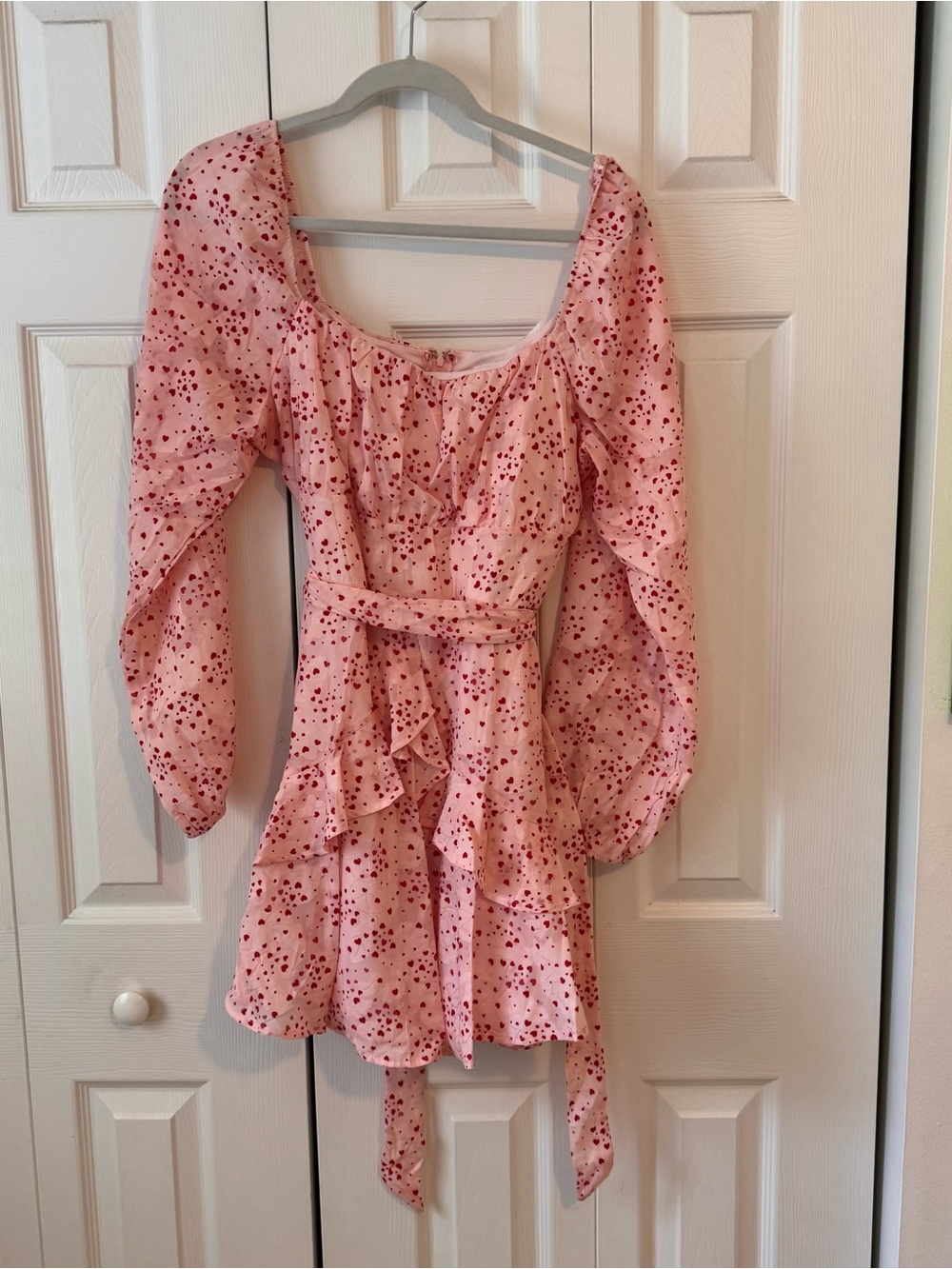 Dry Goods Pink Heart-Print Long-Sleeve Tie Mini Dress
